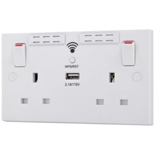 Picture of British General Socket Switched 2 Gang and Wi-Fi Repeater USB Charger
