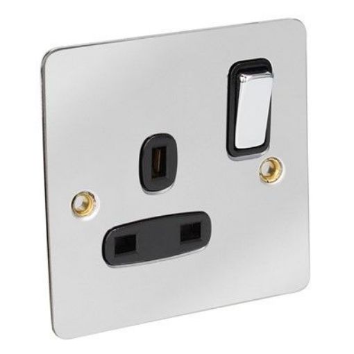 Picture of CED 13amp 1 Gang Switched Socket (Double Pole) Chrome Black Inserts