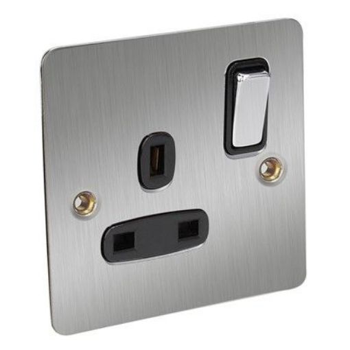 Picture of CED 13amp 1 Gang Switched Socket (Double Pole) Satin Chrome Black Inserts