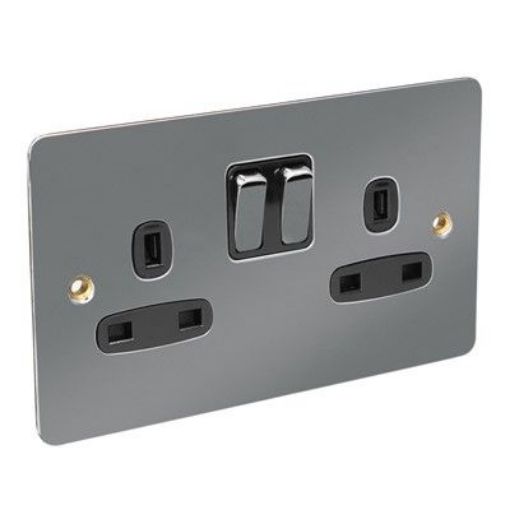 Picture of CED 13amp 2 Gang Switched Socket (Double Pole) Black Nickel Black Inserts