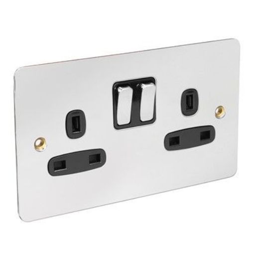 Picture of CED 13amp 2 Gang Switched Socket (Double Pole) Chrome Black Inserts
