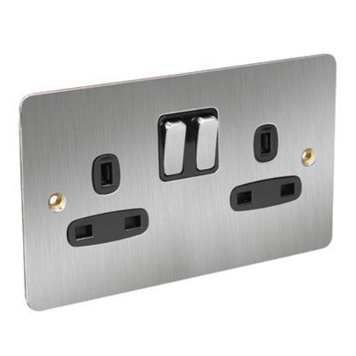 Picture of CED 13amp 2 Gang Switched Socket (Double Pole) Satin Chrome Black Inserts