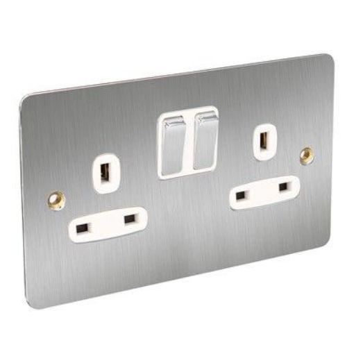 Picture of CED 13amp 2 Gang Switched Socket (Double Pole) Satin Chrome White Inserts
