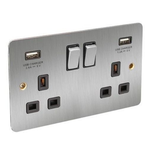 Picture of CED 13a Switched Socket Twin USB Satin Chrome Black Insert