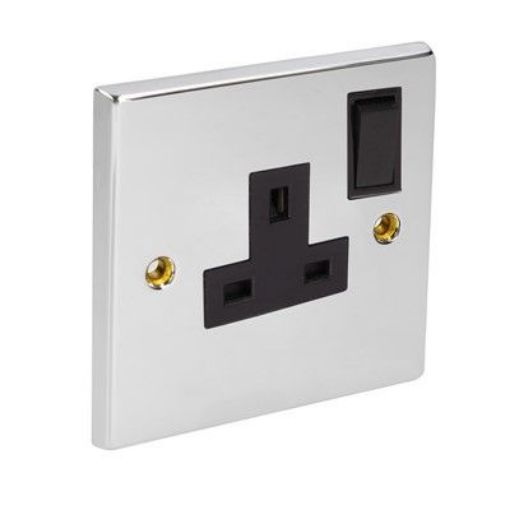 Picture of CED Switched Socket Single 13amp Chrome Black Inserts