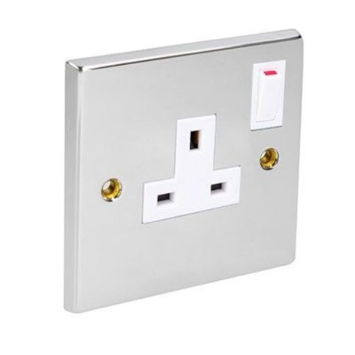 Picture of CED Switched Socket Single 13amp Chrome White Inserts