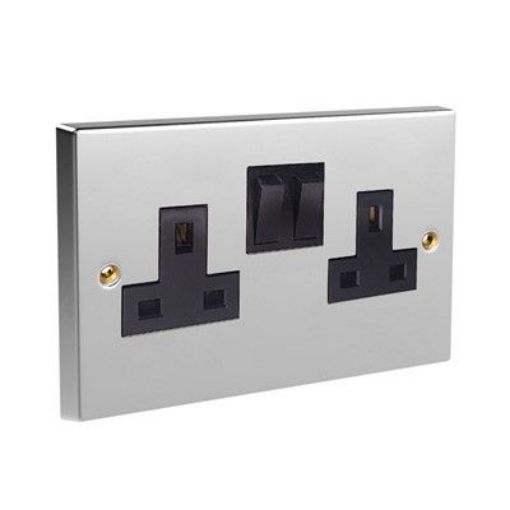 Picture of CED Switched Socket Twin 13amp Satin Chrome Black Inserts