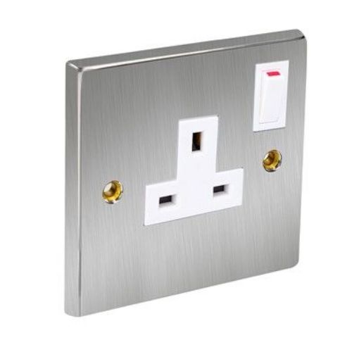Picture of CED Switched Socket Single 13amp Satin Chrome White Inserts
