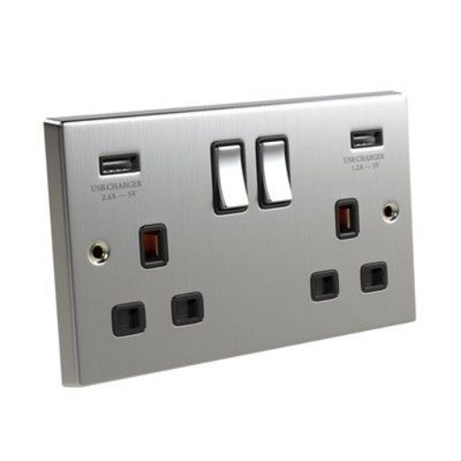 Picture of CED Switched Socket Twin USB Satin Chrome Black Insert