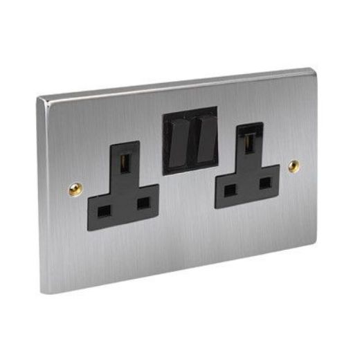 Picture of CED Switched Socket Twin 13amp Satin Chrome Black Inserts