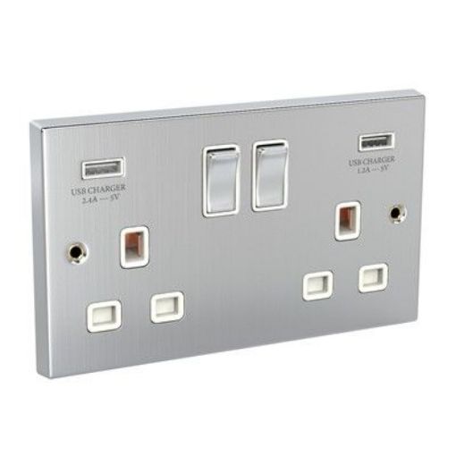 Picture of CED Switched Socket Twin USB Satin Chrome White Ins