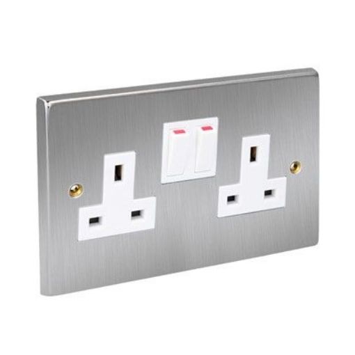 Picture of CED Switched Socket Twin 13amp Satin Chrome White Inserts