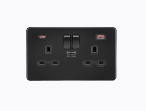 Picture of Knightsbridge Screwless 13A 2G Double Pole Switched Socket with Dual USB A+C 20V DC 2.25A (Max. 45W) - Matt Black with Black Insert