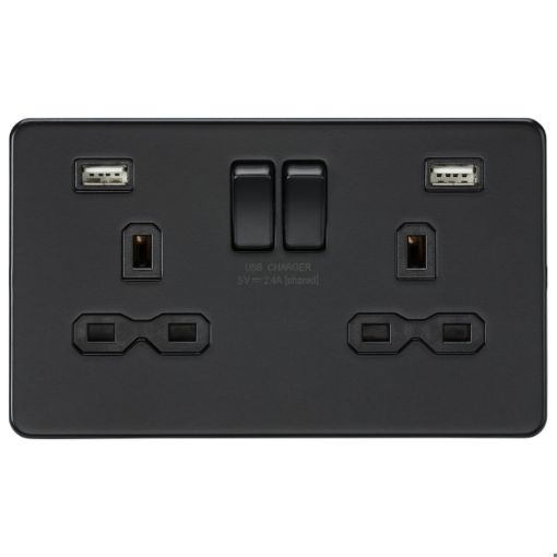 Picture of Knightsbridge Screwless 13A 2G SP Switched Socket with Dual USB A+A (5V DC 2.4A shared) - Matt Black with Black Insert