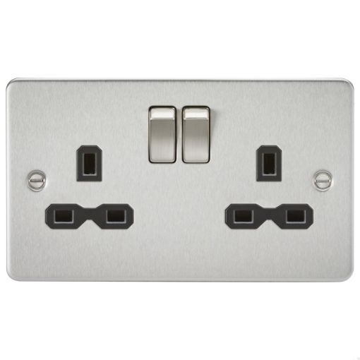 Picture of Knightsbridge Flat Plate 13A 2G Double Pole Switched Socket with Twin Earths - Brushed Chrome with Black Insert
