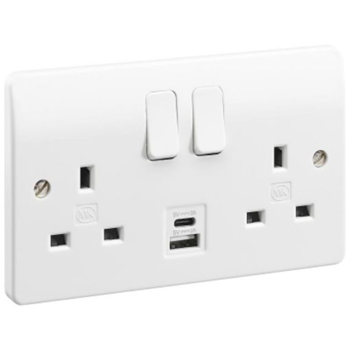 Picture of MK 2 Gang Switched DP Socket 2A 5V A+C USB Ports| Logic Plus | K2745WHI