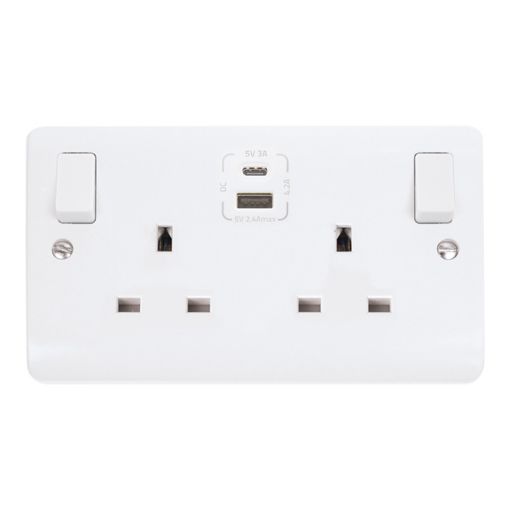 Picture of Click Mode 13A 2 Gang Switched Safety Shutter Socket Outlet With Type A & C USB (4.2A) Outlets Polar White