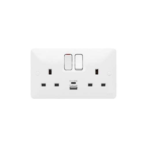 Picture of Hager 13A 2 Gang Double Pole White Switched Socket with USB A+C Ports