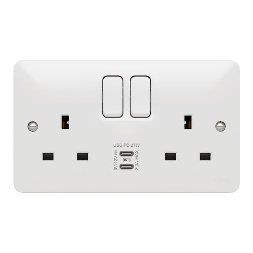 Picture of Hager 13A 2G Double Pole Switched Socket USB C+C Power Delivery White Moulded